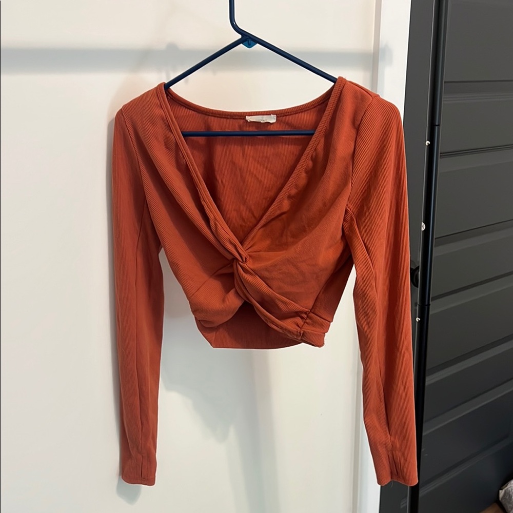 Rust Orange Long Sleeve Twist Front Top